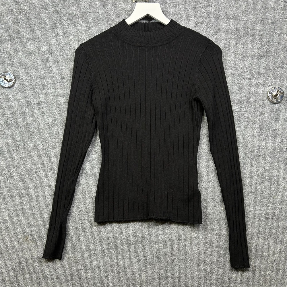 H&M Mock Neck Ribbed Knit Sweater Womens Black Long Sleeve Stretch Pullover - M